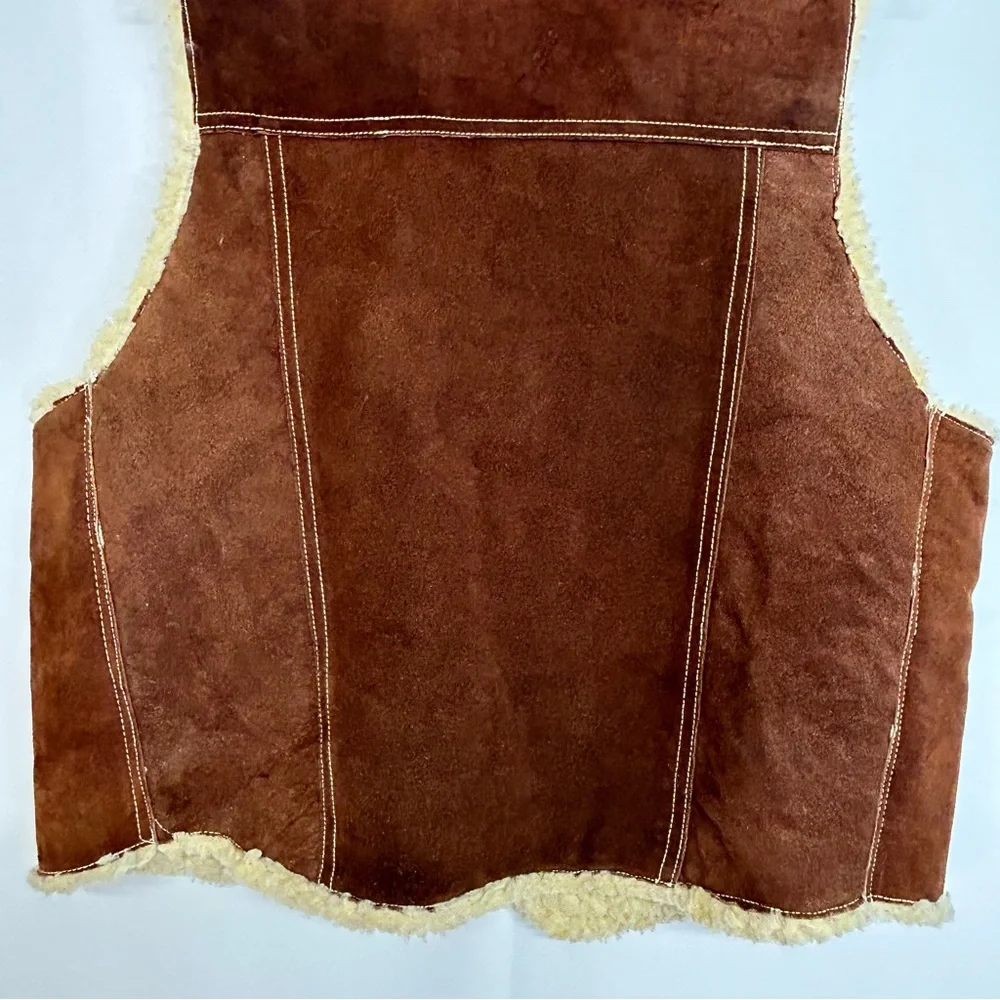 Vintage Genuine Suede Leather Faux Sherpa Vest Snaps Pockets Brown Unisex Large - Picture 6 of 16